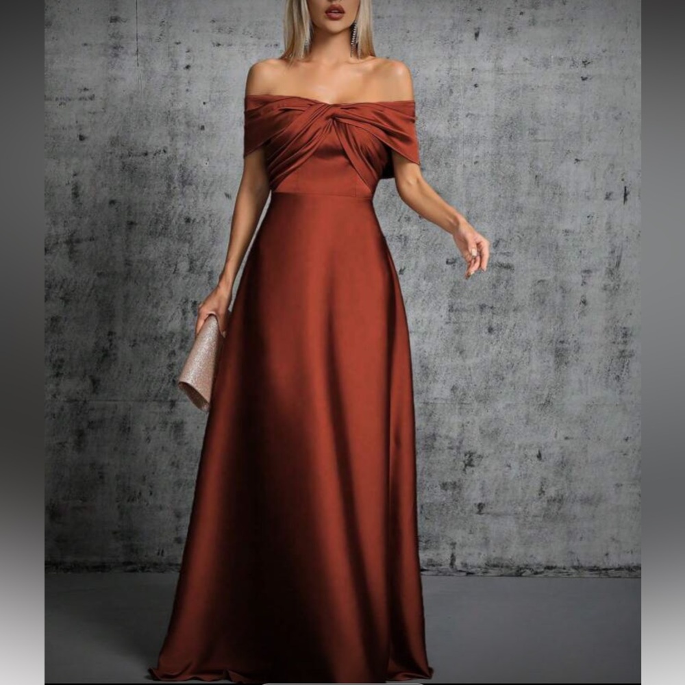 Elegant Burnt Orange Off-Shoulder Satin  Evening Gown
